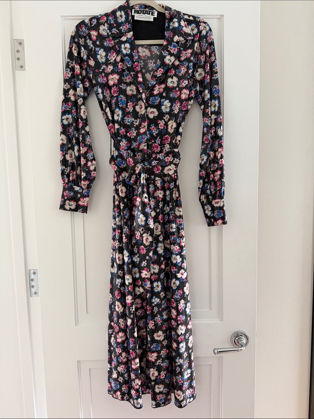 ROTATE Birger Christensen Black Floral Button Down Belt Dress size 2